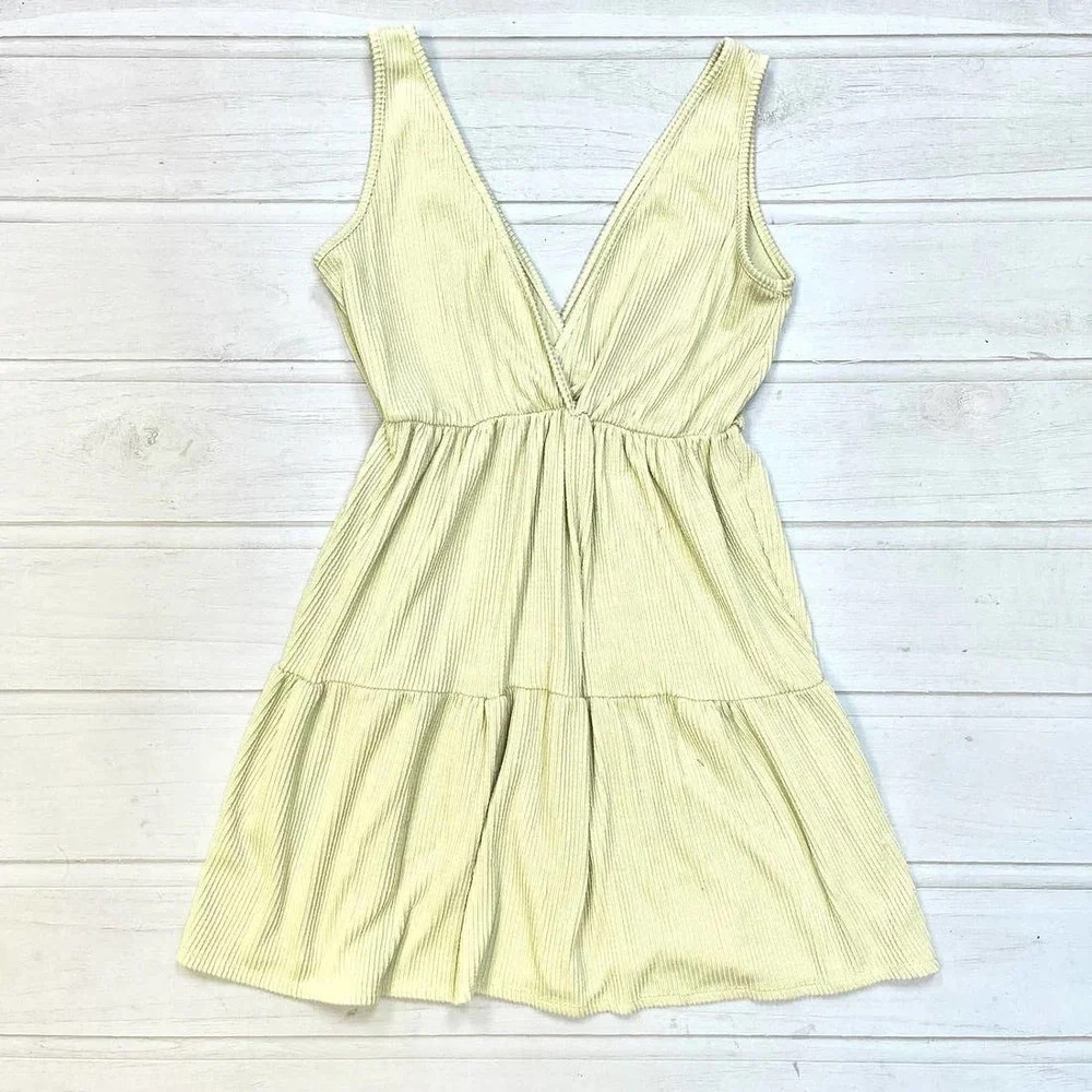 Caution to the Wind Women's Yellow V Neck Knit Baby Doll Dress Medium